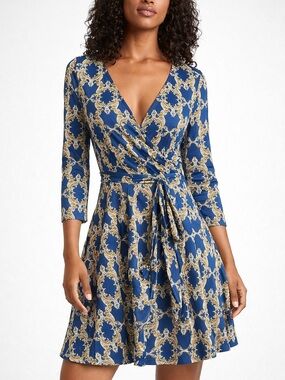 Women's Blue & Gold Baroque Wrap-Front Long Sleeve Dress Knee length Elengant MD